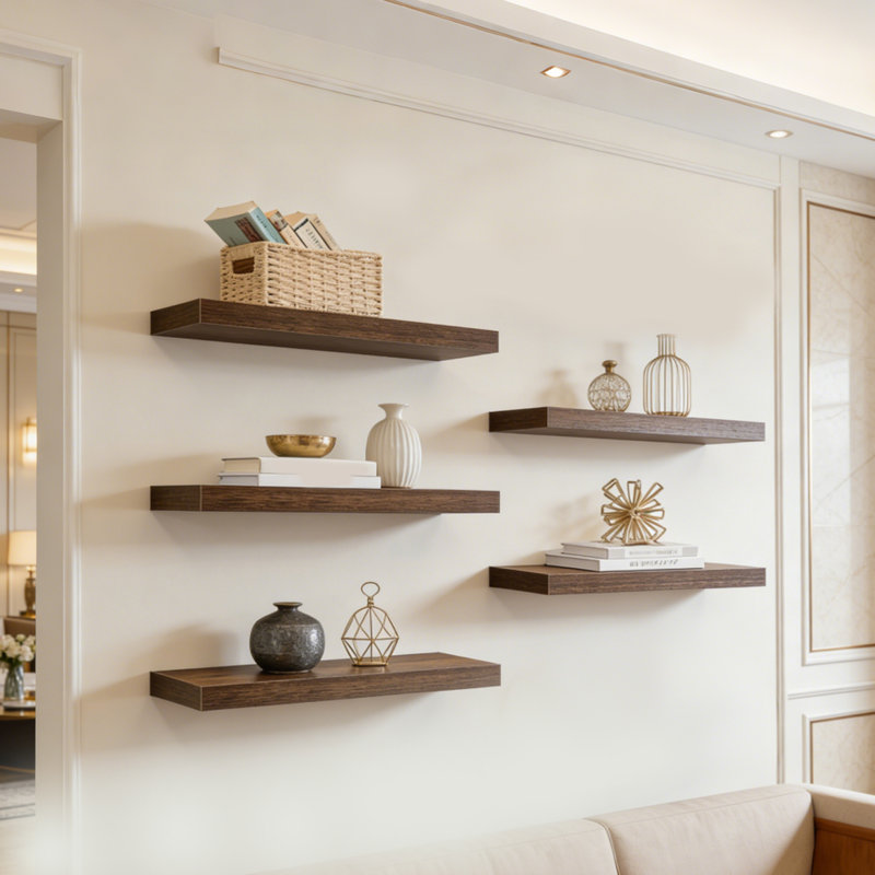 Ensemble de 5 tablettes murales flottantes avec panneaux MDF et supports métalliques renforcés, 60 x 20 cm
