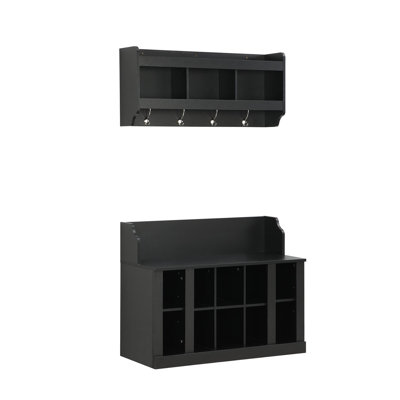 Shoe Storage Bench with Shelves and 4 Hooks, Elegant Hall Tree with Wall Mounted Coat Rack, Entryway Organizer For Hallway, Foyer, Mudroom