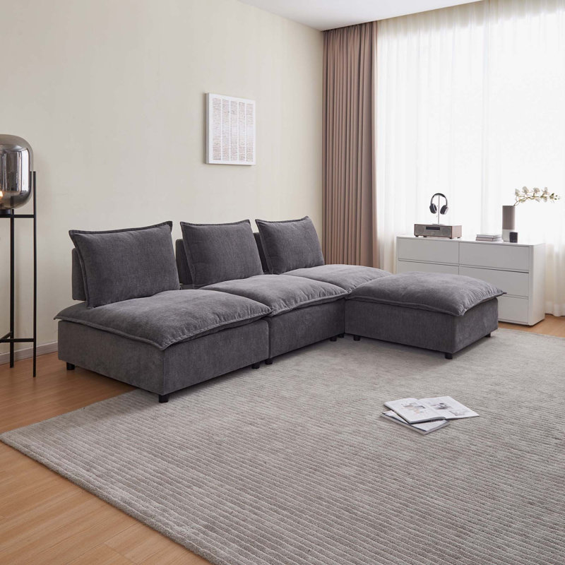 106.3'' L-Shaped Modular Sectional Sofa – 3-Chair + 1 Ottoman Set, Solid Wood Frame & High-Density Foam for Living Rooms/Apartments