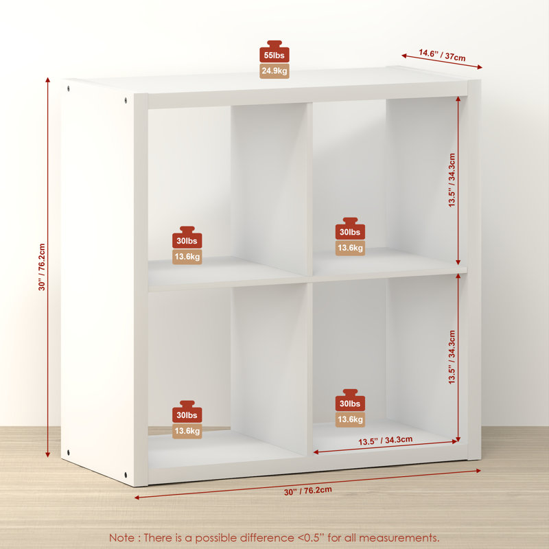 4-Cube Bookcase, Thick Frame, White, White, (4 Shelves) 30" H x 30" W x 14.57" D