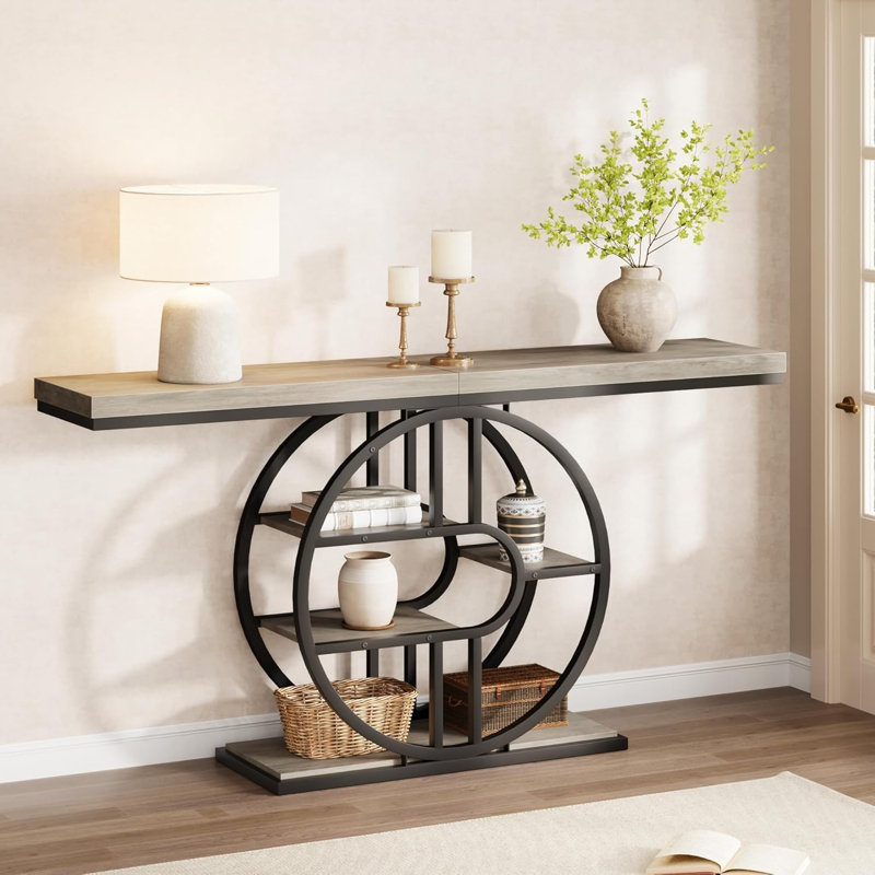 55" Entryway Table, 5-Tier Console Tables for Entryway, Industrial Narrow Sofa Tables with Storage for Living Room, Long Entry Hallway Couch Entrance Table with o-Shaped Metal Frame