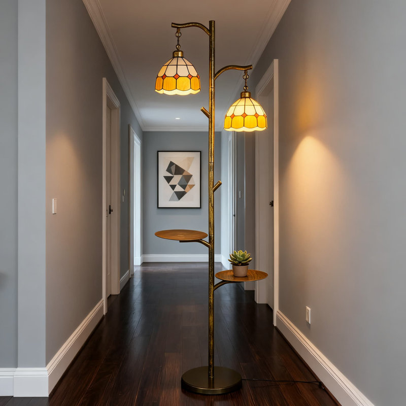 Tiffany Style Stained Glass Floor Lamp With Tray, Dimmable Standing Lamp With Custom Color Temperature For Living Room And Bedroom, Handcrafted Bronze And Glass Design