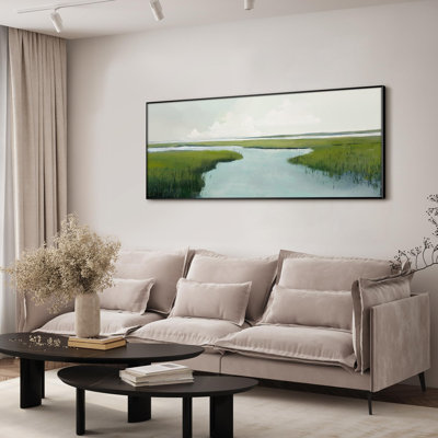 Tranquil Marshland Landscape Green Wetland with Calm Waters Extra Large Framed Wall Art Print Decor (Frame Assembly Required)