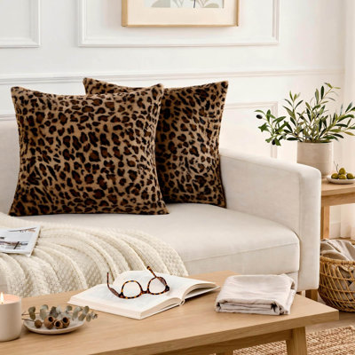 Faux Fur Throw Pillow Cover Set, Cheetah Print Decorative Cushion Covers for Sofa, Bed, and Living Room (Set of 2)