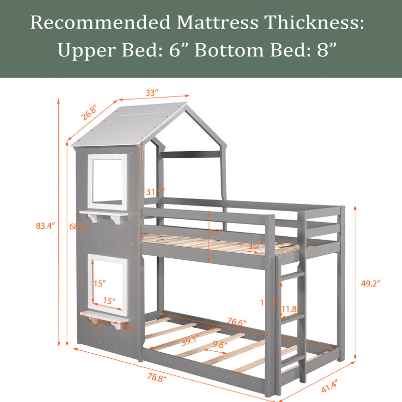 Muscotah Kids Twin Over Twin Bunk Bed, Grey