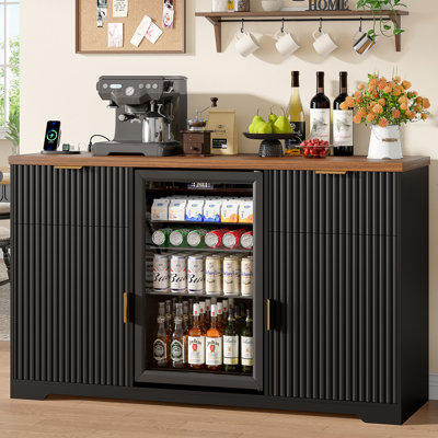55" Wine Coffee Bar Cabinet With Charging Station, Wine Rack & Fridge Space, Fluted Buffet Sideboard With Drawers For Kitchen, Dining Room & Living Room