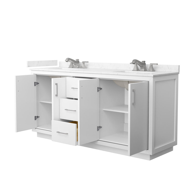 Icon 72" Freestanding Double Bathroom Vanity with Cultured Marble Top, Brushed Nickel, White