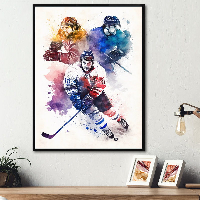 Trois joueurs de hockey pendant la partie I - Impression sur toile, H 20 po x l 12 po x P 1 po