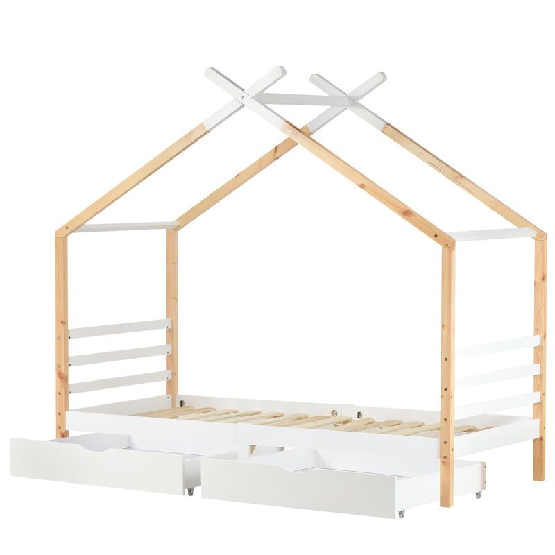 Cathlena Solid Wood Drawers Bed, White/Natural