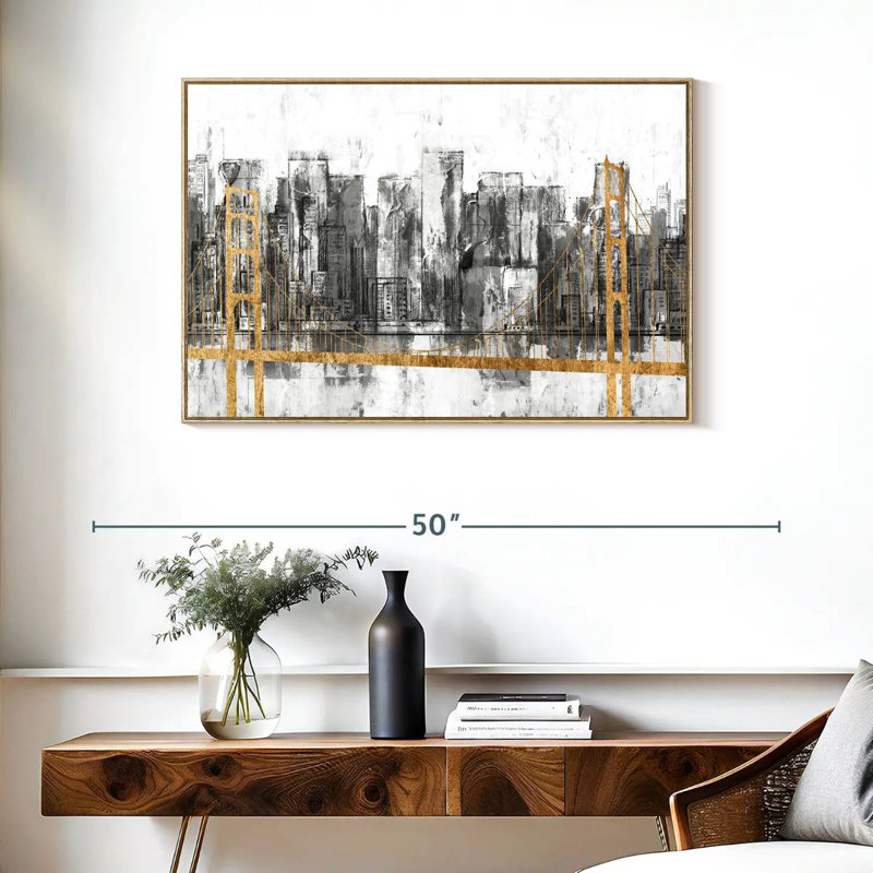 Golden Bridge Panorama, Cadre flottant en bois naturel, 37 po x 25 po