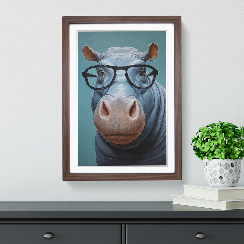 Hippo With Glasses - Single Picture Frame Print on Wood, Walnut, 46cm H x 34cm W x 2cm D