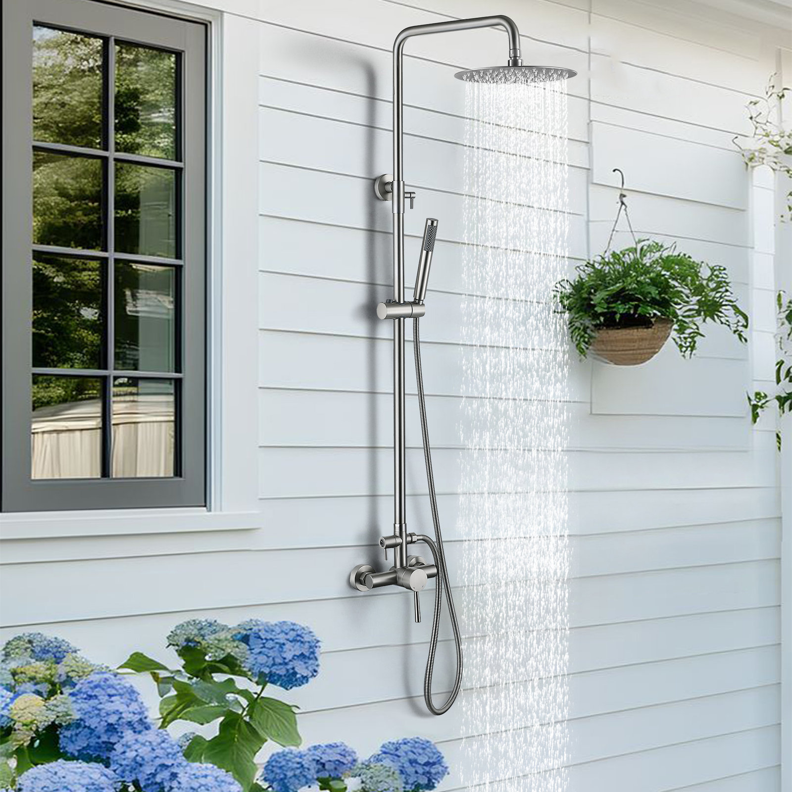 Wall Mount Outdoor Shower with Handheld, Brushed Nickel
