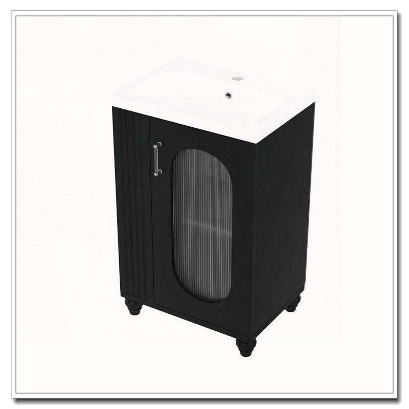 Meuble-lavabo moderne de 20 pouces avec lavabo en céramique et tablettes latérales, Noir