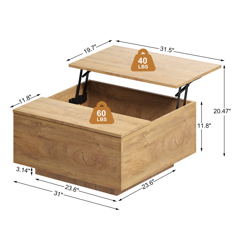 Lift Top Block Coffee Table with Storage, Natural Burl