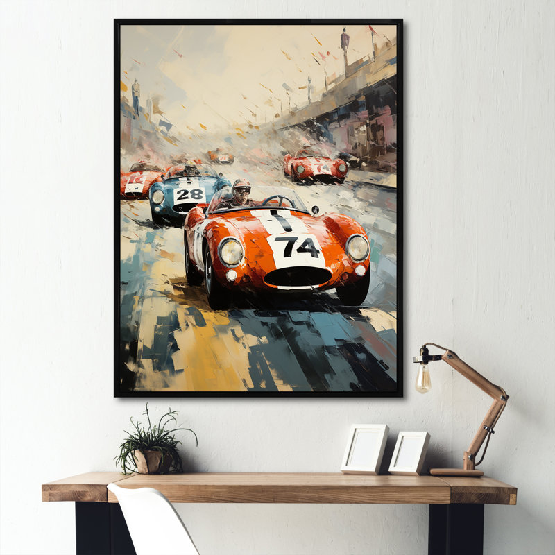 «Vintage Race Car Rally 3 - Race Tracks», art mural rétro, Cadre flottant noir, 44" H x 34" W
