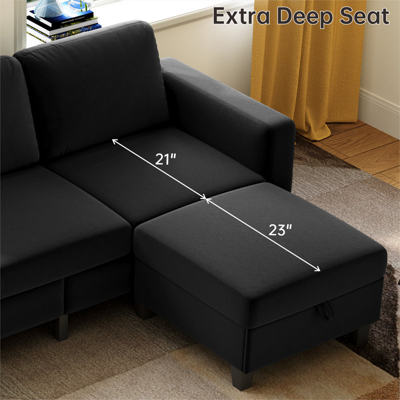 78'' Upholstered Sofa Couch With Movable Ottoman, Black