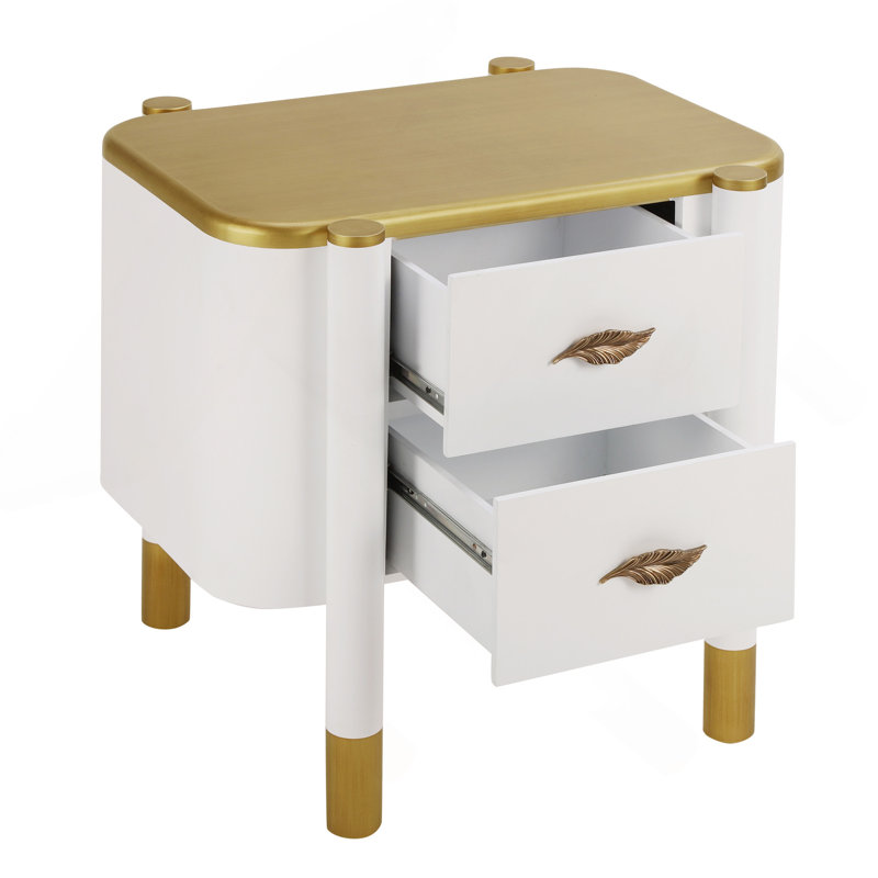 Contemporary 2 Drawers Nightstand With Curved Profile Design, Bedside Table With Metal Feather-Shaped Handles And Exposed Legs, End Table For Living Room And Bedroom, Easy Assembly