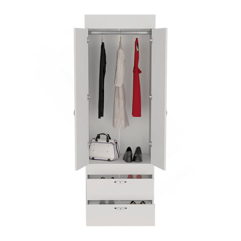 Armoire Tarento, deux tiroirs, finition blanche, Blanc