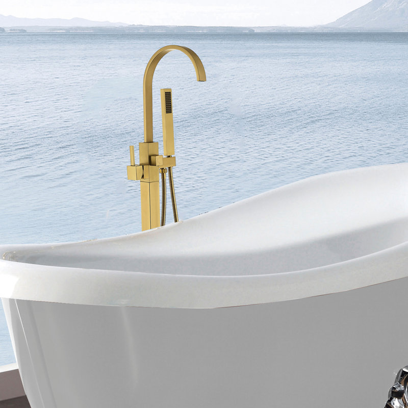 Freestanding Tub Faucet With Gold Hand Shower Attachment - Metal Build Bathtub Construction, Brushed Glamour