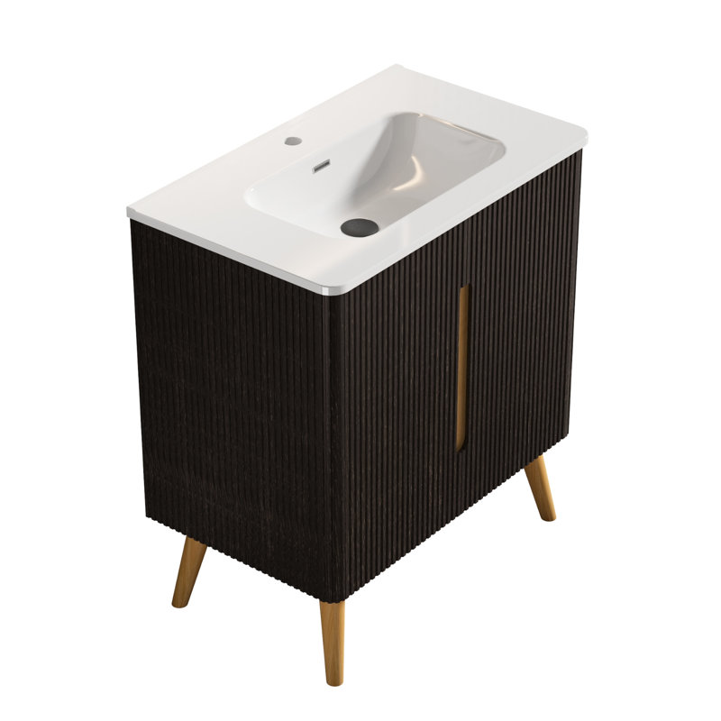Meuble-lavabo noir brossé de 30 po avec lavabo et armoire latérale, finition texturée noyer rayé, premiers bords courbés, conception sans poignée, portes à fermeture en douceur, grand lavabo de rangement, mur autoportant