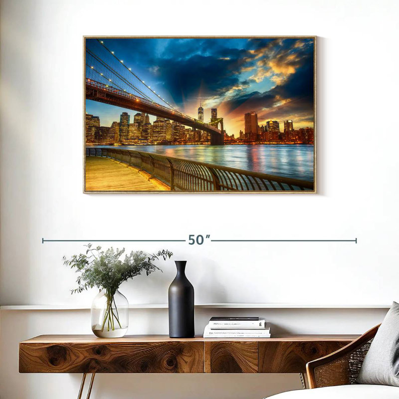Spectaculaire coucher de soleil à Manhattan, Cadre flottant en bois naturel, 37 po x 25 po