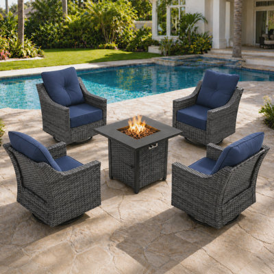 Ensemble de mobilier d'extérieur 5 pièces avec table de foyer d'extérieur de 50 000 BTU, 4 chaises pivotantes en osier avec coussins en oléfine de 6 pouces, ensemble de conversation pour patio, terrasse, porche, gris / beige