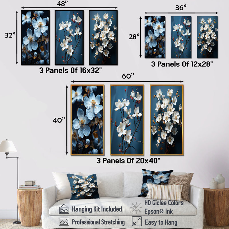 Fleurs de cornouiller dans des tons de gris - ensemble de salon 4 pièces, H 40 po x l 60 po, Cadre flottant brun