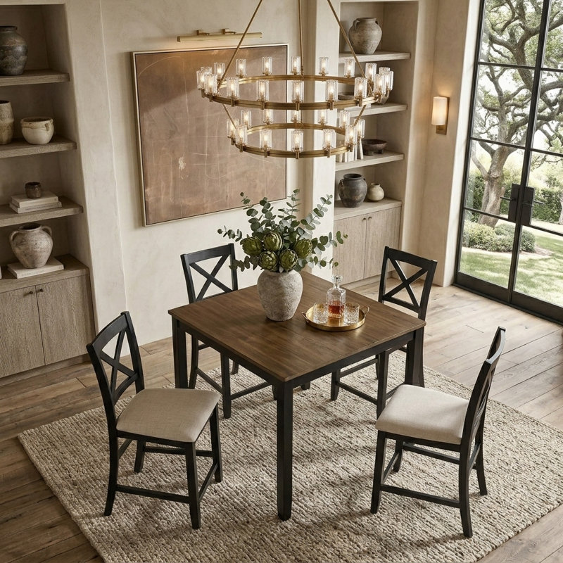 Ensemble de salle à manger 5 pièces à hauteur de comptoir avec 4 chaises rembourrées en bois, 4 places, idéal pour les petits espaces