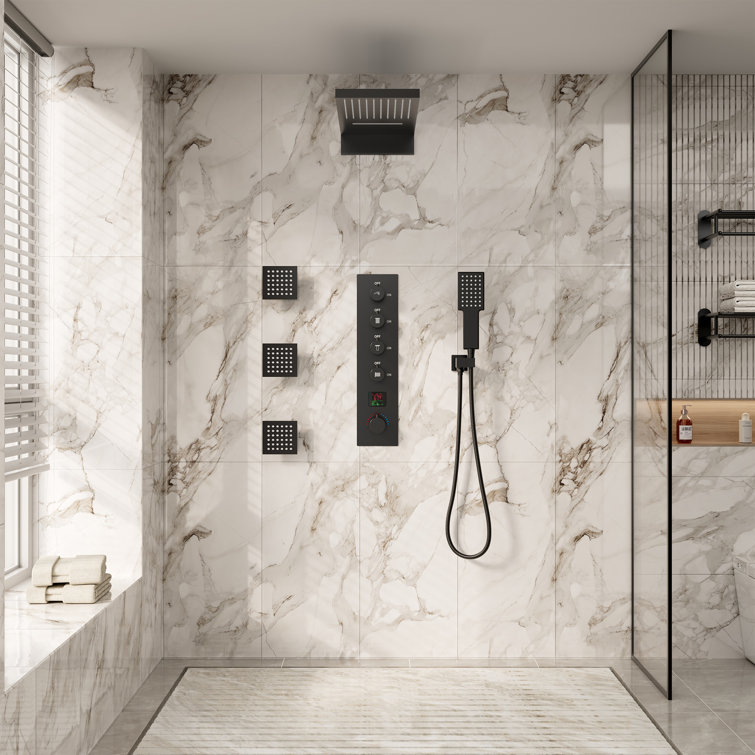 4-Function Digital Display 22" Wall-Mount Thermostatic Complete Shower System with 3 Body Jets