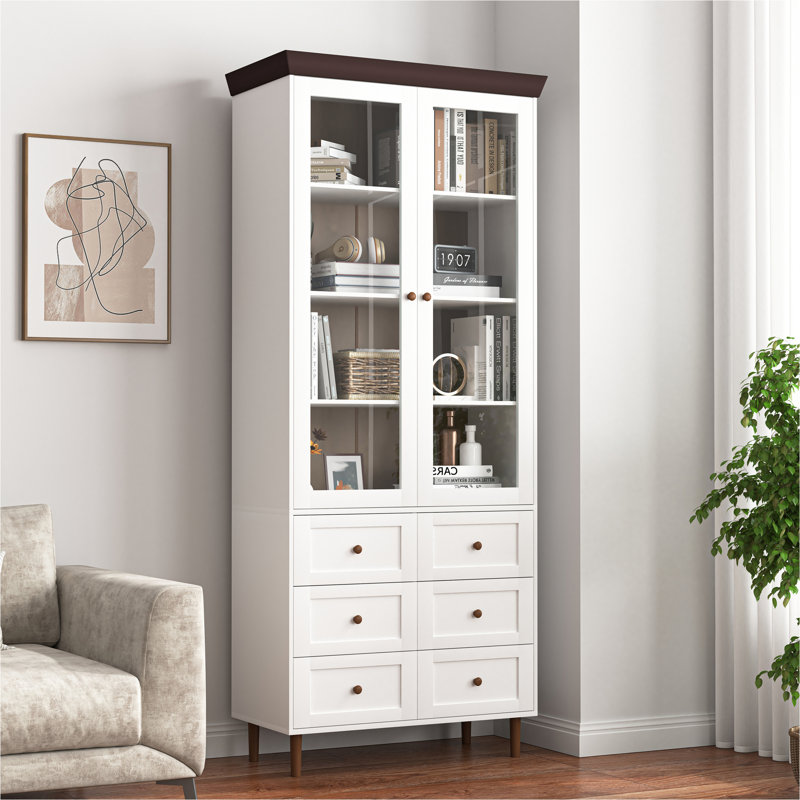 White MDF Display Storage Cabinet,Tall Kitchen Pantry Cabinets With Glass Doors And Adjustable Shelves,Freestanding Storage Cupboard For Kitchen, Living Room