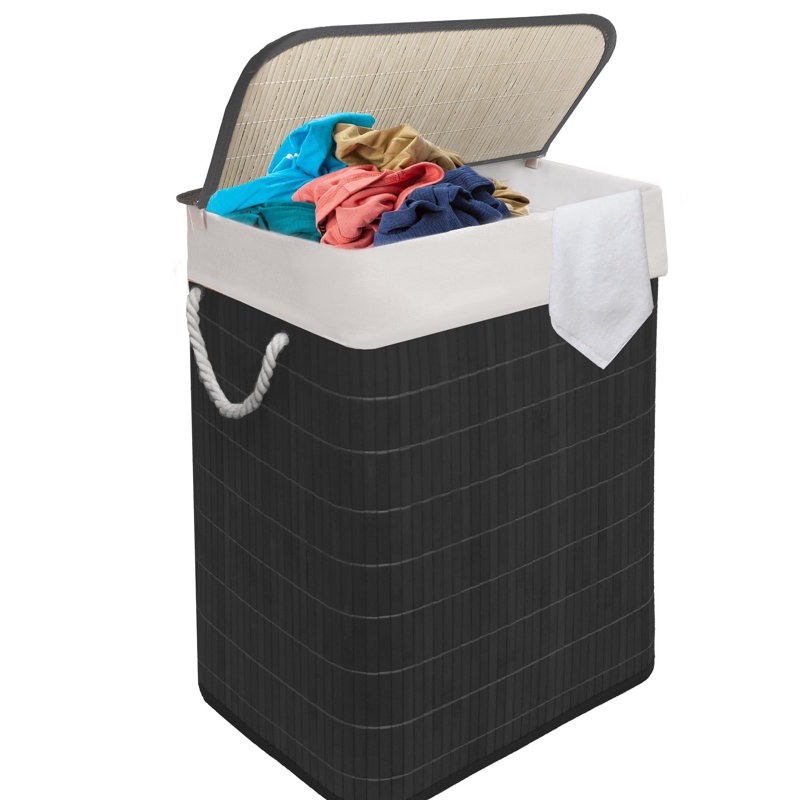 Bamboo Laundry Hamper 105l Dual Compartment Basket Removable Liner Foldable Storage Hamper With Lid, Black