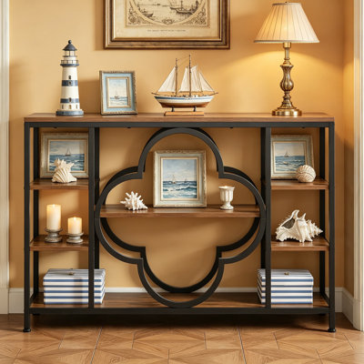 Console de style campagnard pour le hall d'entrée, table de canapé rétro derrière le canapé avec tablettes ouvertes pour le vestibule, le couloir, le salon, le design élégant à quatre feuilles, brun rustique