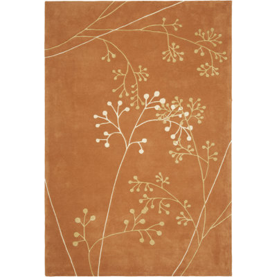 Tapis en laine rouille à motif floral touffeté et fabriqué à la main