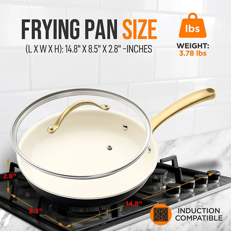 8-Inch White Ceramic Non-Stick Fry Pan with Golden Handle and Lid