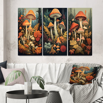 «Autumn Mushroom In Forest Vintage Illustration», 3 pièces sur toile