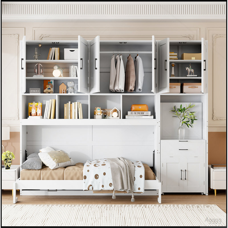 Lit escamotable simple avec placard, tiroirs et bureau, White