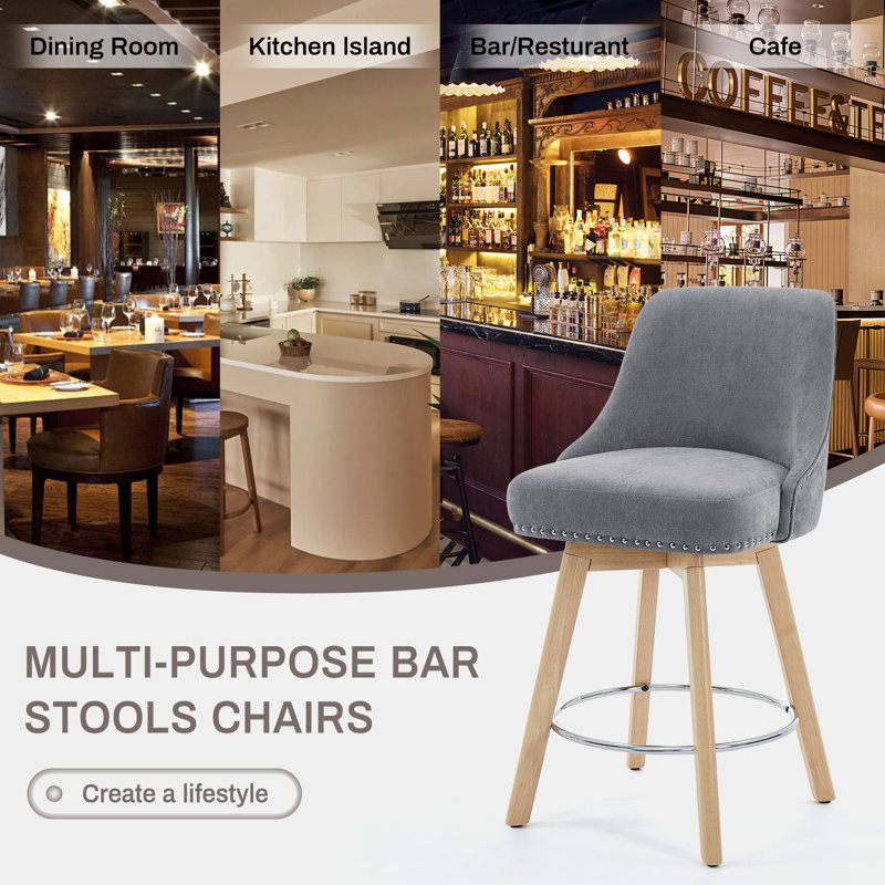 26'' Swivel Counter Height Barstool with Back for Kitchen Island,Nailhead Trims and Solid Wood Frame, Dark Gray, 2