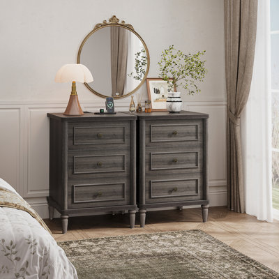 Farmhouse 19"W Narrow Nightstand with 3 Drawers, Compact Bedside Table with Charging Station, Solid Wood Side Table