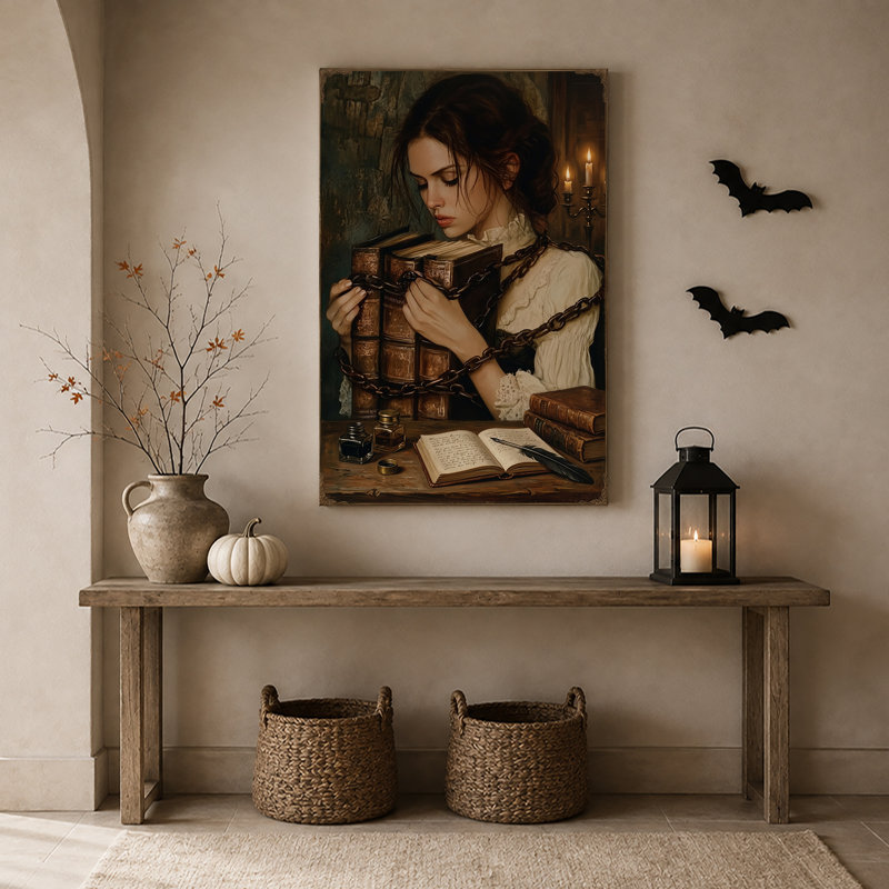Toile foncée enchaînée aux livres en cuir, art mural d'Halloween, H 30 po x l 20 po