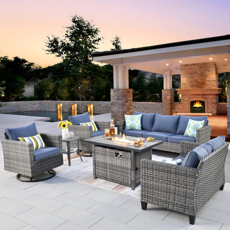 Harbin Wicker Rattan 7 - Person Outdoor Seating Group with Cushions with Fire Pit Table with Swivel Rocking Chairs, Blue