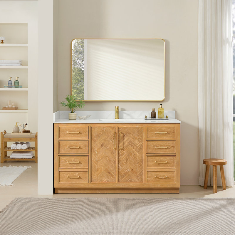 Meuble-lavabo simple 60 po Carrasco en chêne brun naturel avec plateau en pierre de quartz blanc soyeux, Or brossé, 60"