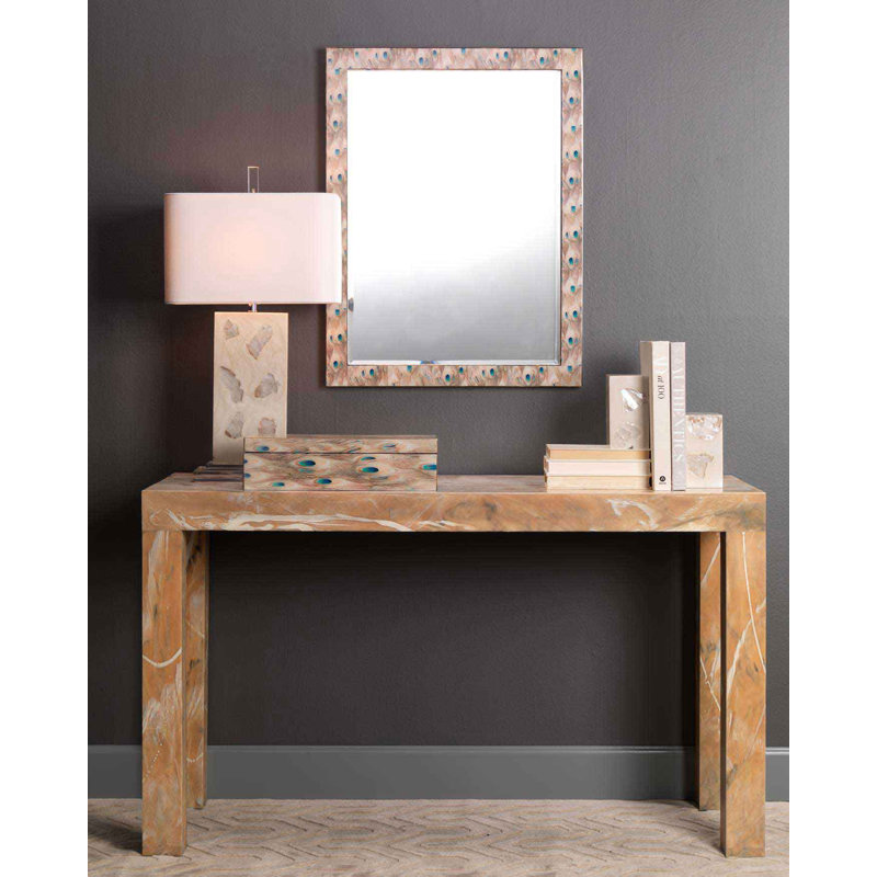 Plume Beveled Wood Frame Accent Mirror with Peacock Patterns