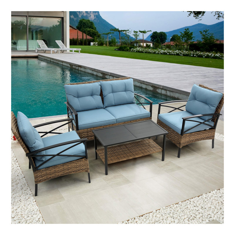 Ensemble de canapé de conversation modulaire 4 pièces pour patio - ensemble de canapé d'angle pour l'extérieur avec osier en rotin KD.