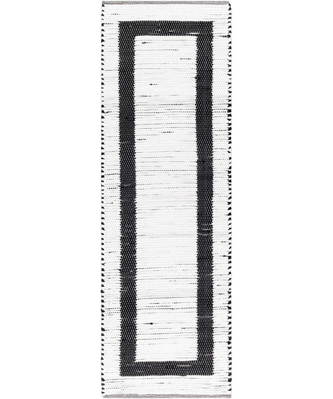 Tessica rayé tissé à plat à la main recyclé P.E.T. Tapis blanc / noir, Tapis de couloir 2 pi 6 po x 8 pi