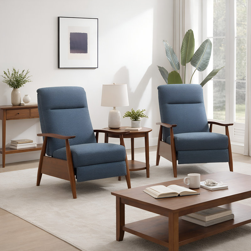 Williamsport Wood Arm Push Back Recliner In Performance Fabric - Denim - Set Of 2, Blue Polyester