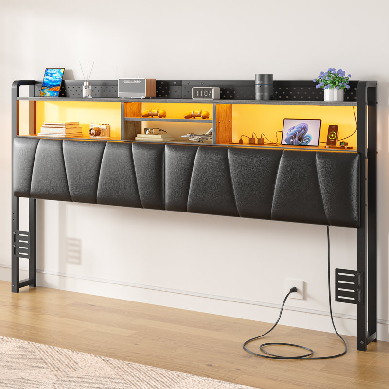 Storage Upholstered PU Headboard With LED Lights & Charging Station, Gray Oak, Full