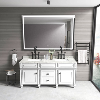 Miroir de salle de bain 72 po x 36 po à DEL avec cadre en aluminium, miroir de meuble-lavabo mural, antibuée, mémoire, 3 couleurs, réglable en continu