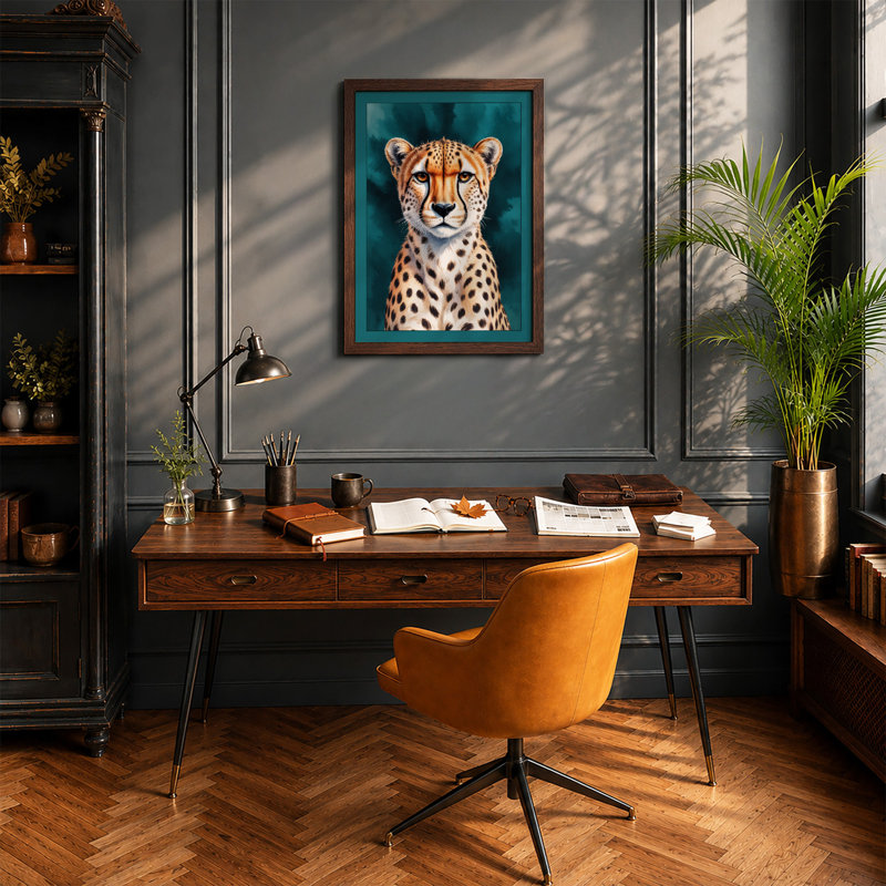 Cheetah's Calm Gaze Modern - Print, A2 - 59.4 x 42.0 cm, Walnut