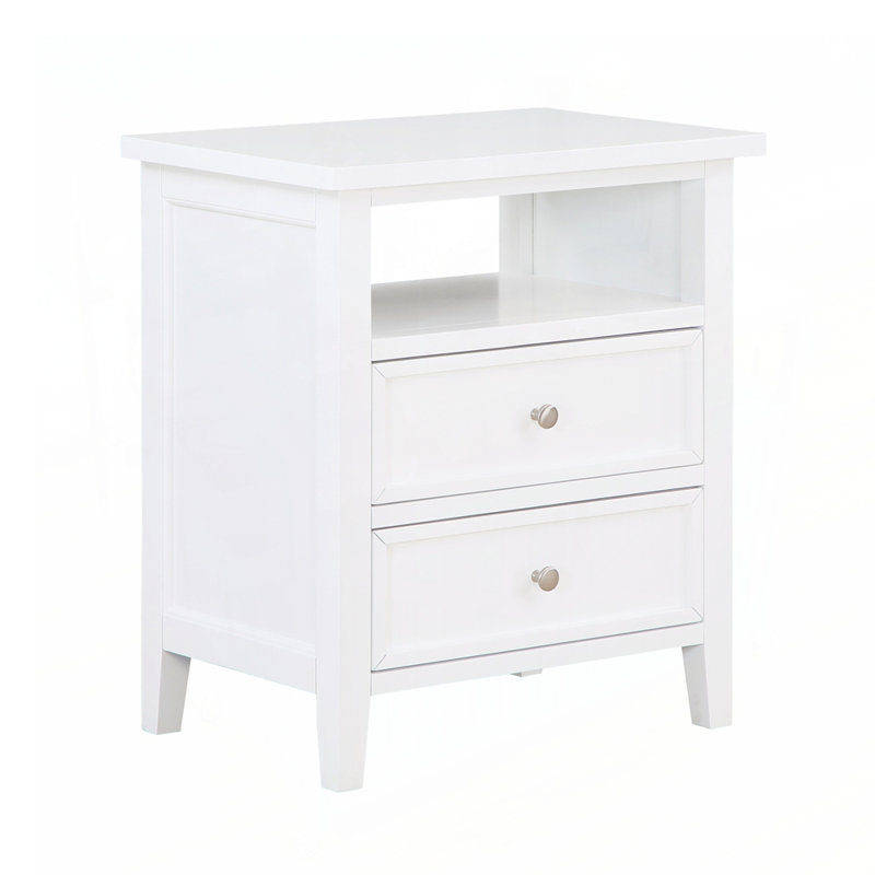 Table de chevet à 2 tiroirs avec rangement spacieux et finition élégante en nickel, parfaite pour l'organisation de la chambre à coucher.