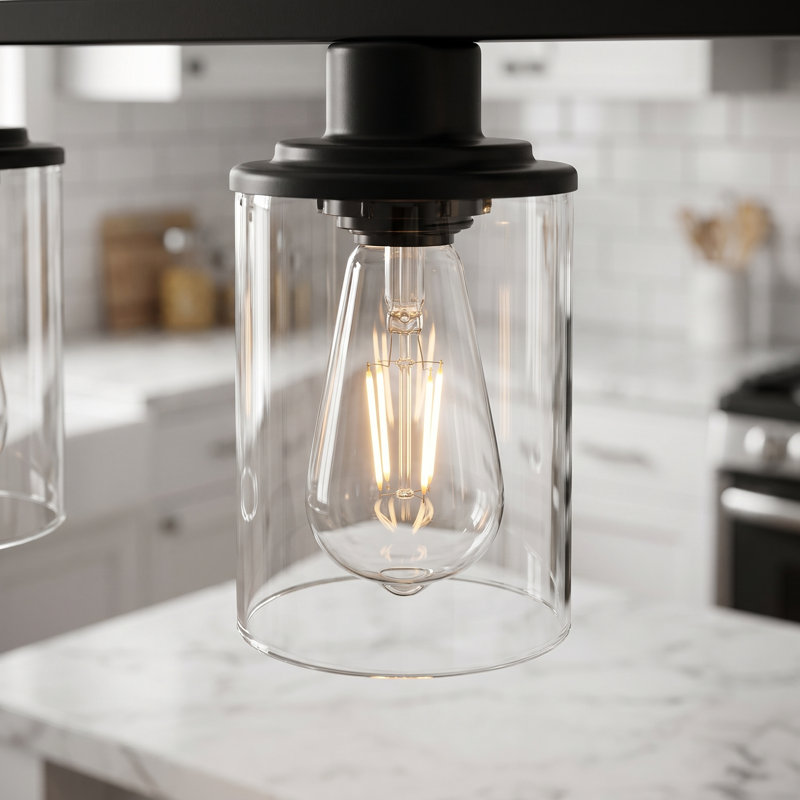 Luminaire suspendu linéaire 37 po à 5 lumières pour îlot de cuisine avec abat-jour en verre, Noir mat